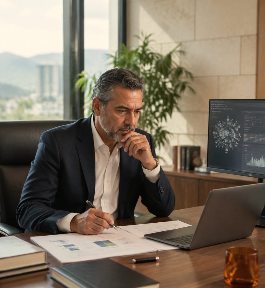 Directivo revisando documentos y un panel de datos en su despacho