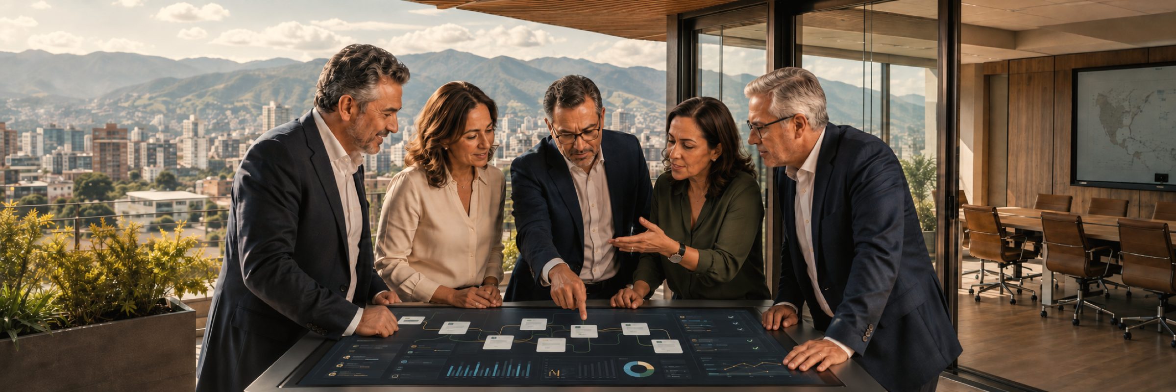 Cinco profesionales alrededor de una mesa táctil que muestra un flujo de agentes de IA, en una terraza con vistas a la ciudad